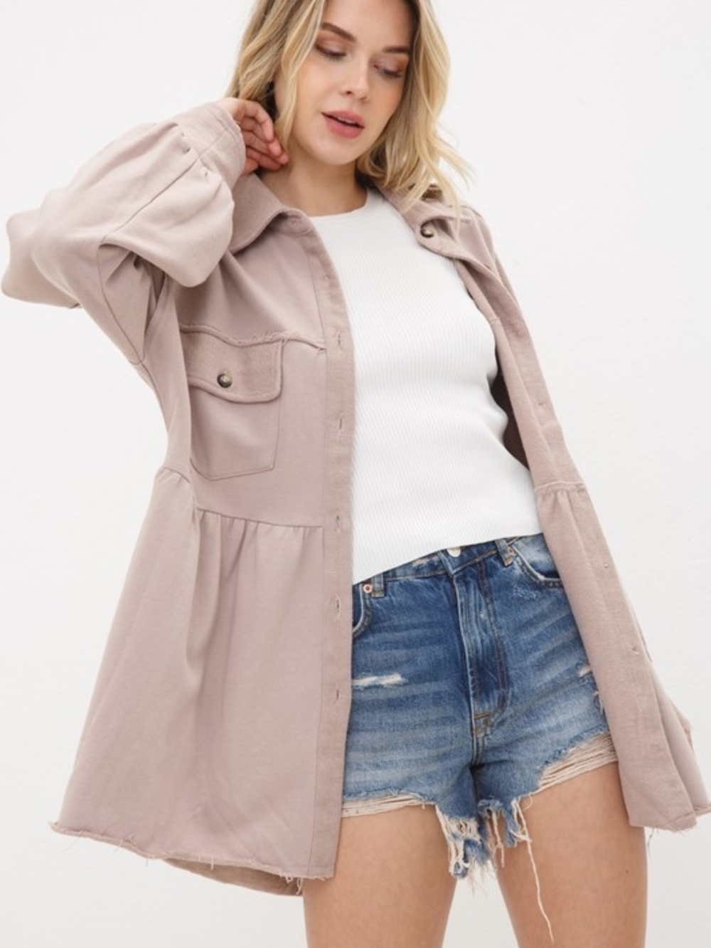 6-0831 Blue B Utility Ruffle Peplum Bottom Shacket Washed Tan
